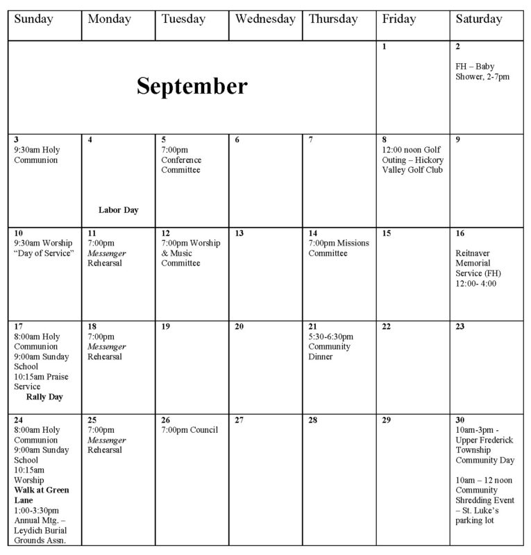 Calendar of Events St Lukes Lutheran Church